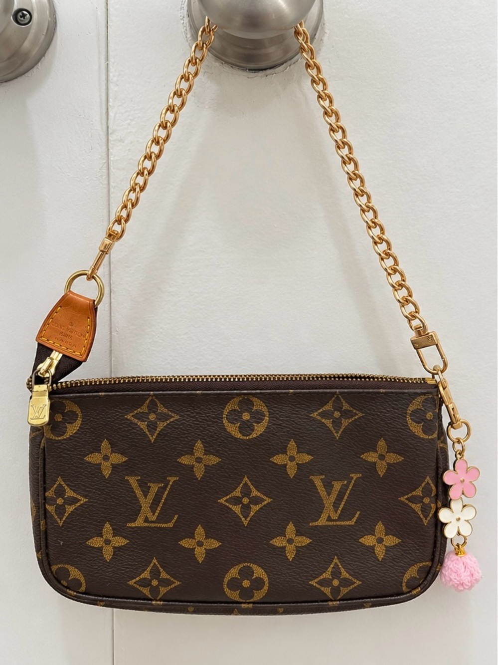 Louis Vuitton Monogram Mini Pochette with Gold Chain and Pink Charm